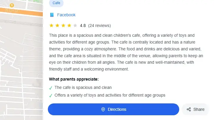 Map popup with directions and share buttons