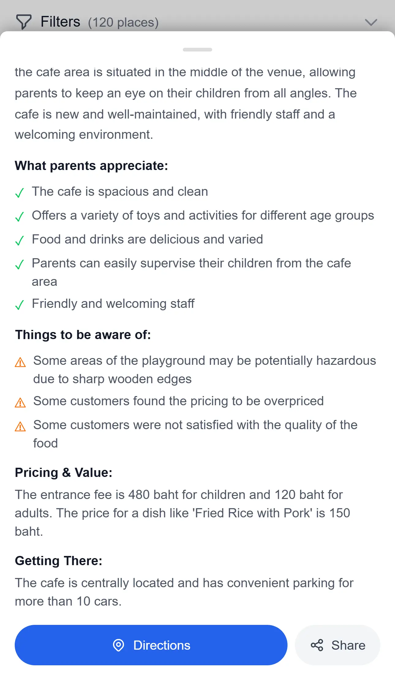 Map popup with directions and share buttons